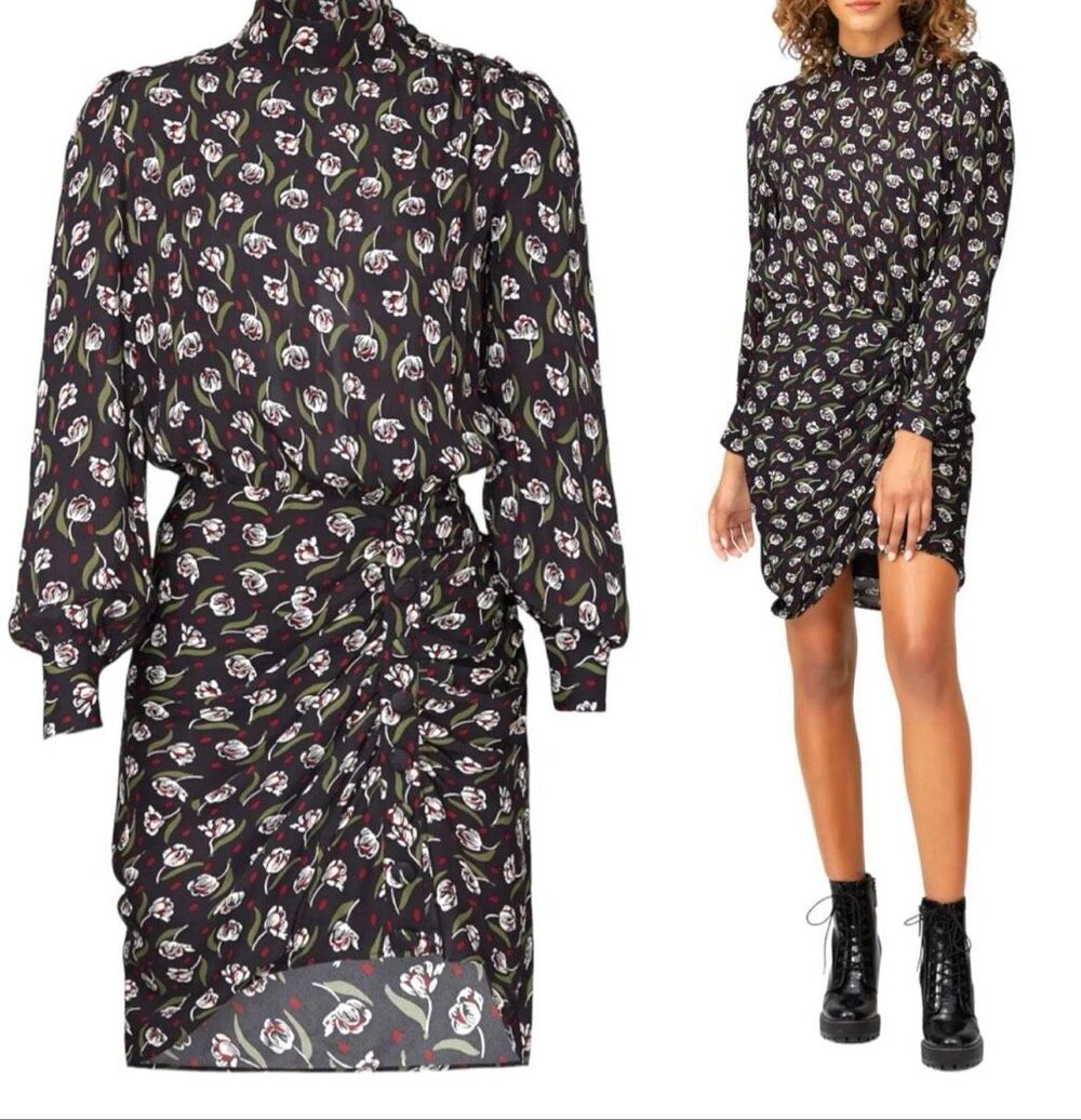 Veronica Beard Cadence Dress Black Tulip Floral Silk Ruched Long Sleeve 4